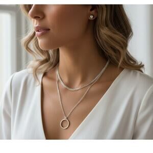 Carisma Layered Necklace Silver Circle Pendant & Stud Earrings Set Women Gifts